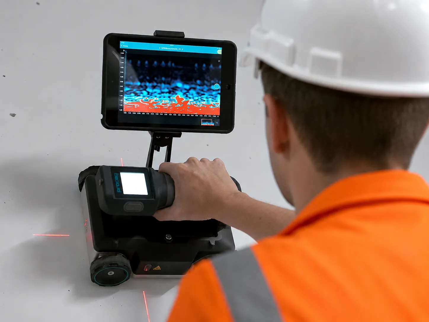 Geosurv operator scanning concrete for reinforcement and embedded services